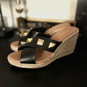 Maypol Anthropologie Black Leather Studded Wedge Espadrille Sandals‎ New in Box